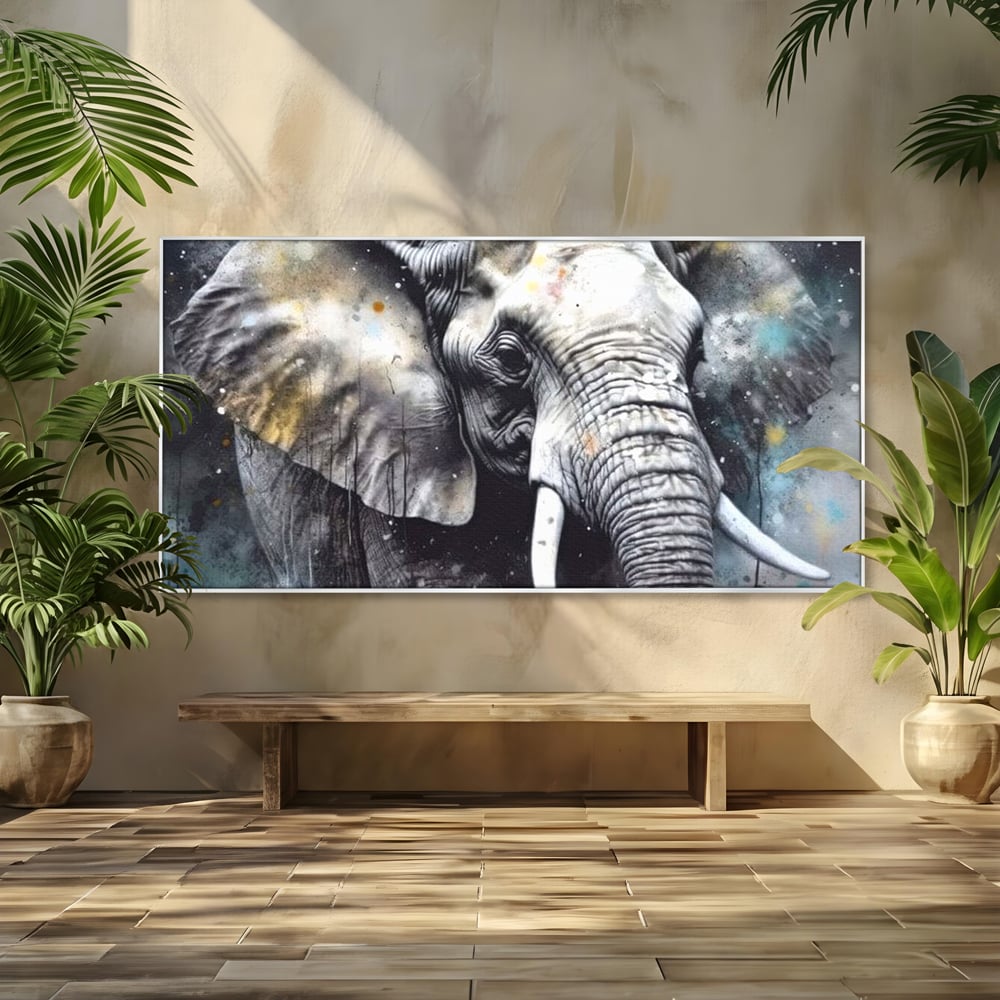 Tablou canvas cu tablou canvas cu cap de elefant, in rama de aluminiu argintiu